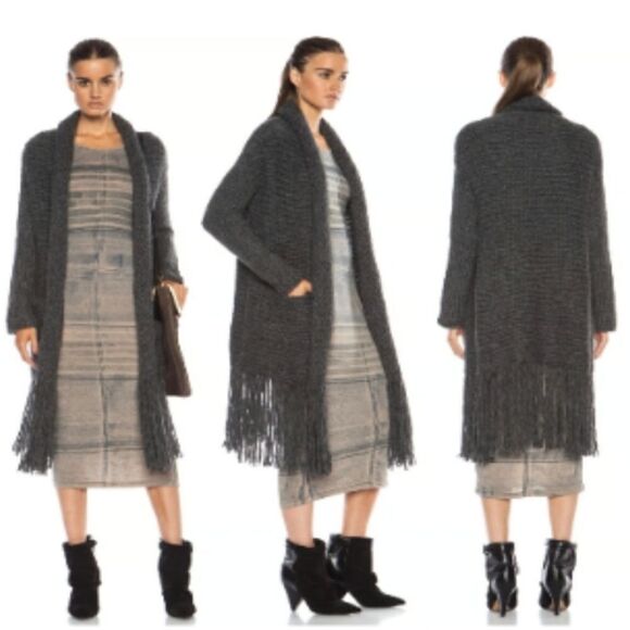 RAQUEL ALLEGRA Baby Alpaca Open Front Sweater Dark Gray, Bohemian Fringe | 3 XL - Picture 6 of 16